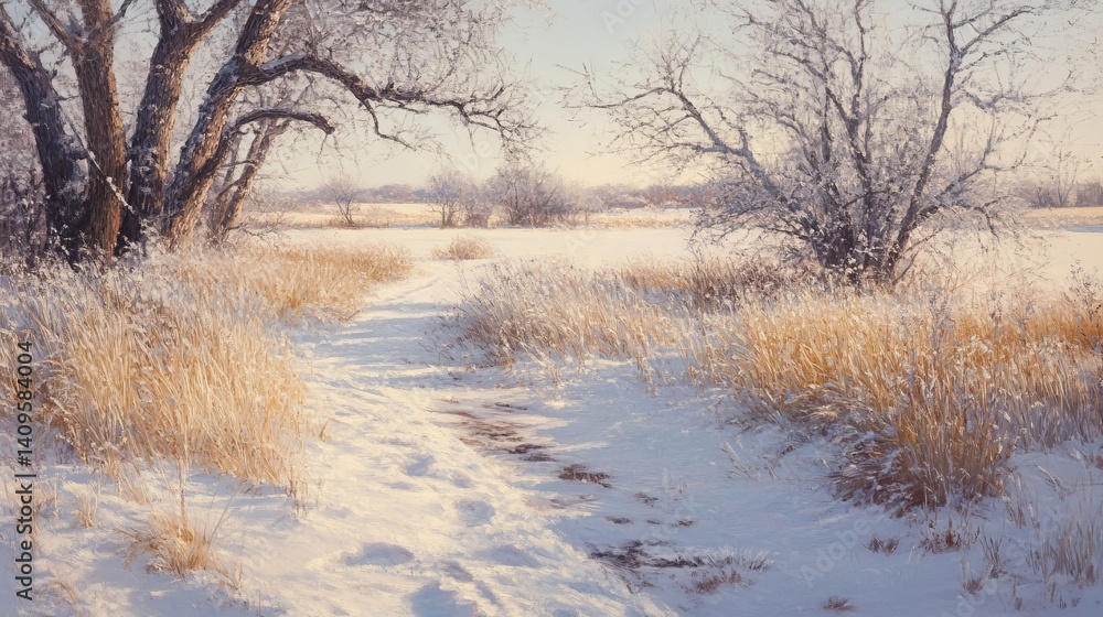 Serene winter landscape with snow covered path and golden grass day sky art cold calm trees frost Serene winter landscape with snow covered path and golden grass day sky art cold calm trees frost