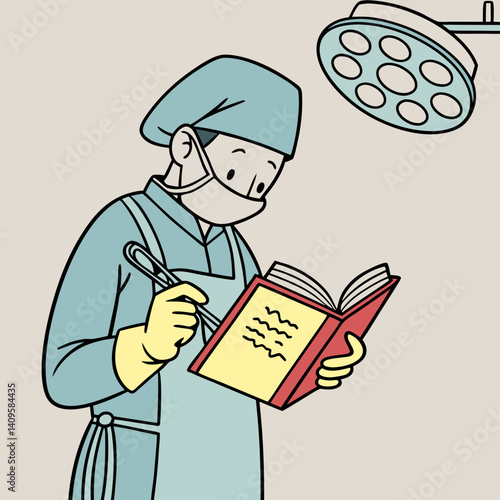 Cartoon Surgeon Performing Operation While Reading a Cooking Recipe Book