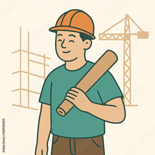 Construction worker smiling while holding rolled blueprint on site  
