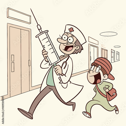 Funny Doctor with Giant Syringe Chasing a Laughing Patient Down the Hall
