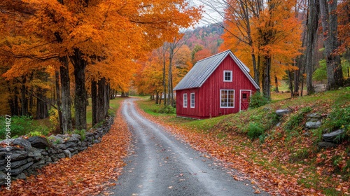 Red Cabin Autumn Road Vibrant Fall Foliage and Stone Wall