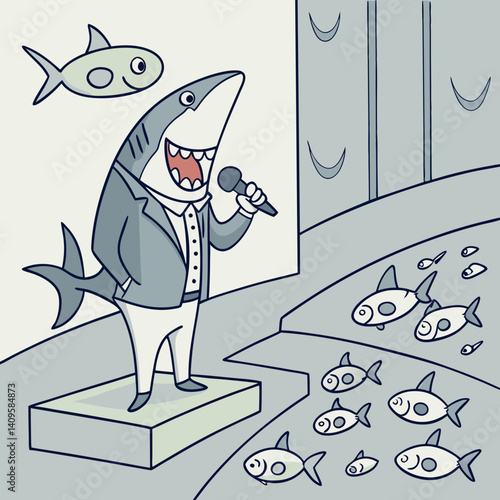 Shark in a suit giving a motivational speech to a crowd of fish