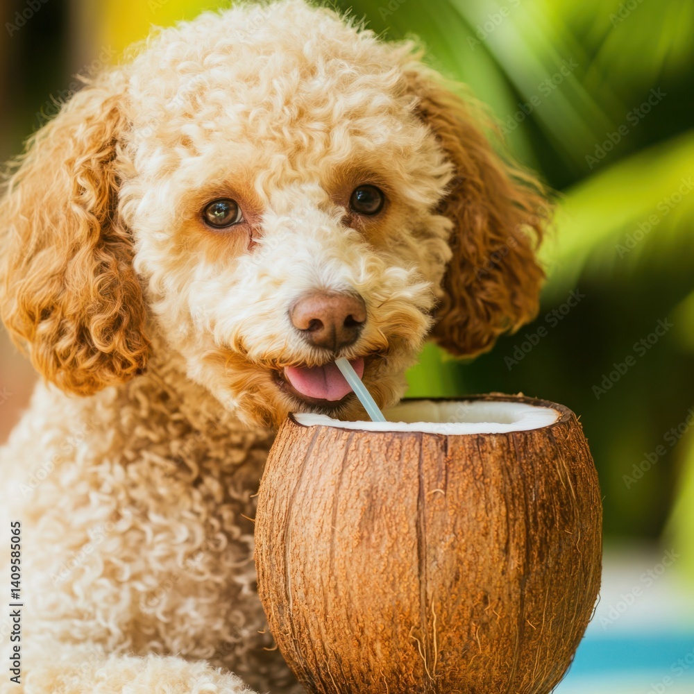 Adorable fluffy dog enjoying coconut water from half a coconut while sitting in a tropical setting with green leaves in the background