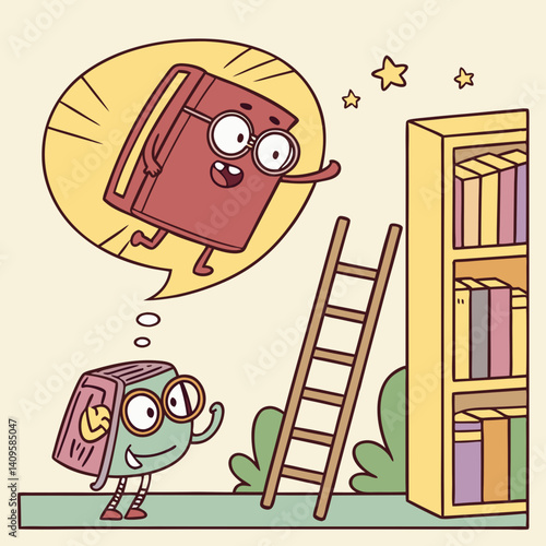 Whimsical bookshelf adventure with talking books and floating reading glasses
