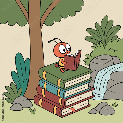 Cartoon bookworm exploring a jungle made entirely of giant books
