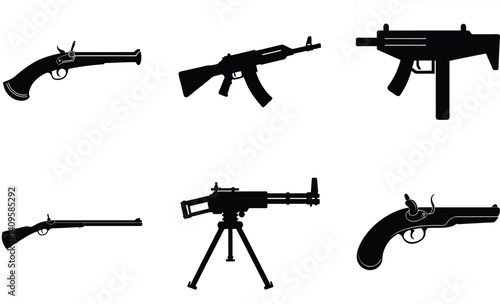 Firearms Vector Collection – Gun and Weapon Illustration Set like Machine Gun, Carbine, Musket, Flintlock Pistol, Blunderbuss and Derringer