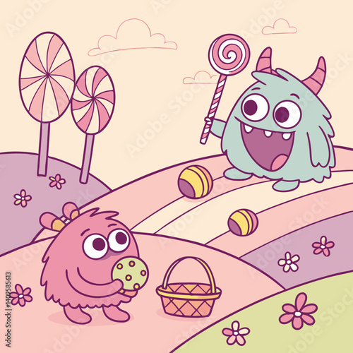 Funny Little Monsters Playing with Toys in a Candy Land World
