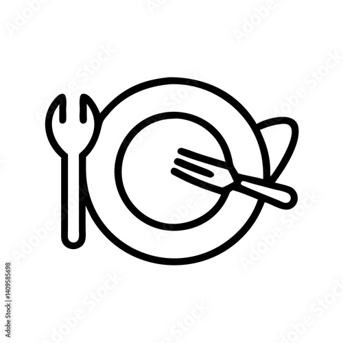 Fork and Spoon on Plate in Minimalist Line Art Style  