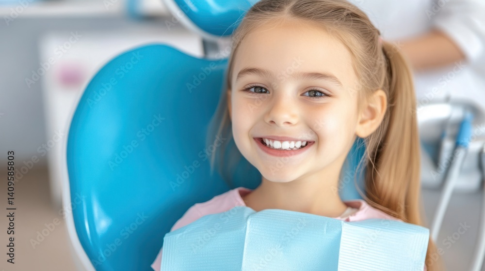 Happy young girl in dental chair, smiling confidently, enjoying dental check-up in modern clinic environment with bright colors and warm atmosphere