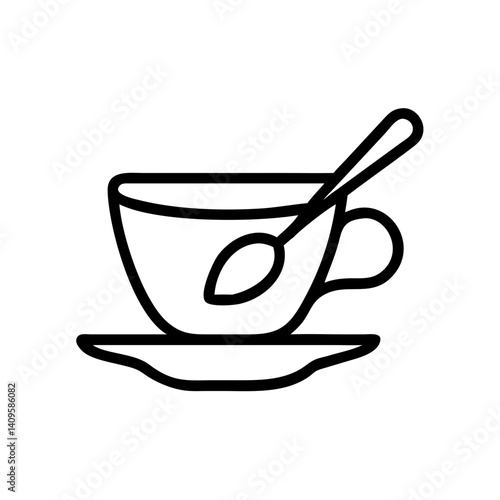 Tea cup with spoon on saucer in minimalistic line art style  
