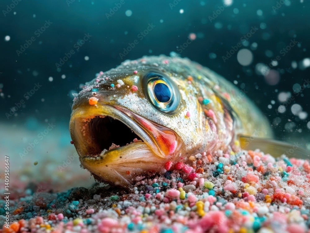 A fish partially buried in colorful sand, surrounded by bubbles, depicting an underwater scene filled with vibrant textures.