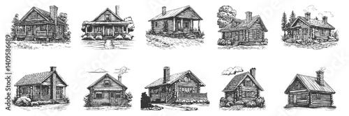 Rustic Log Cabin Illustrations Set In Vintage Style. Traditional Countryside Architecture And Cozy Retreats In Hand Drawn Sketch Style. Isolated Vector Illustration