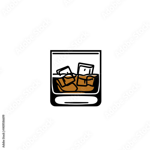 Glass of whiskey with ice cubes in flat icon style