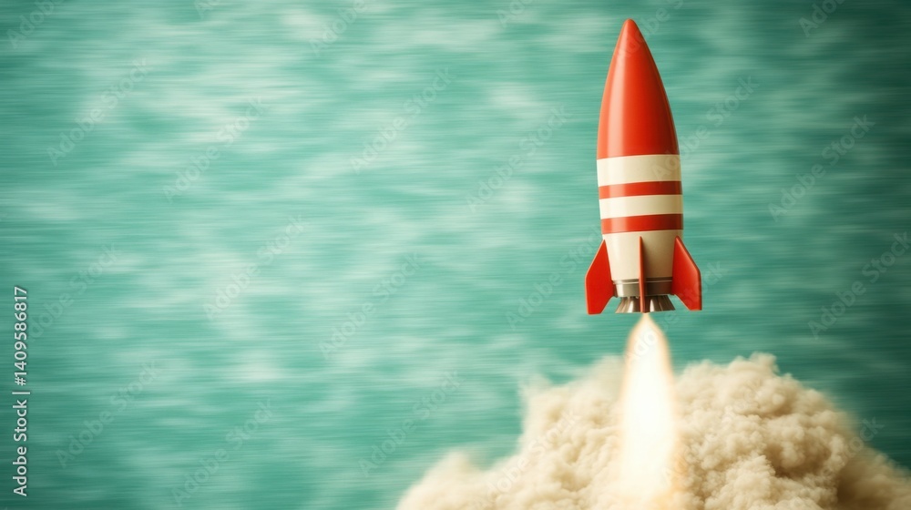 Retro styled rocket blasting off against a dreamy blue background with white clouds conveying themes of exploration, adventure, and innovation in a whimsical manner