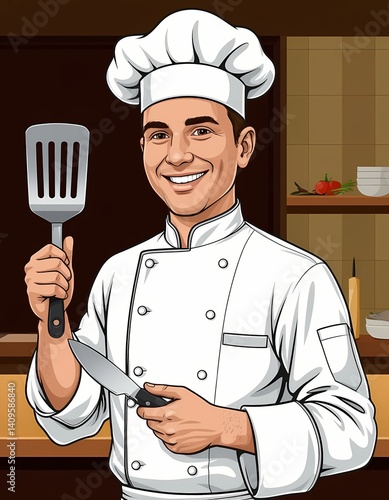 Smiling male chef in uniform holding spatula and knife in kitchen  