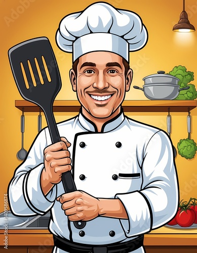 Male chef smiling while holding spatula in kitchen setting  