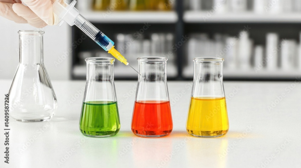 Brightly Colored Laboratory Fluids in Glass Beakers with a Pipette Overhead Demonstrating Chemical Experiments and Reactions in a Scientific Setting
