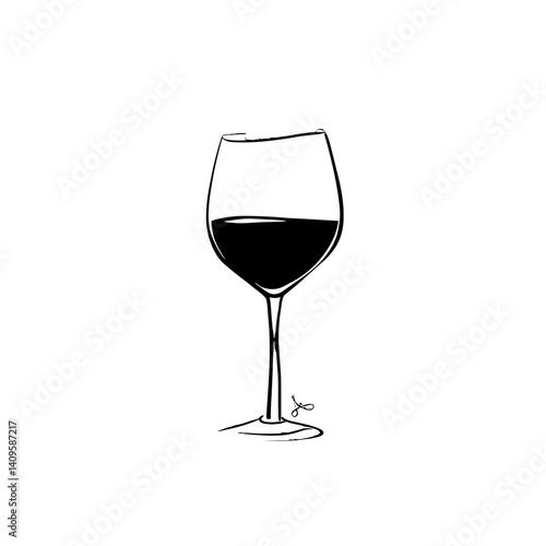 Red wine glass sketch icon in black and white line style