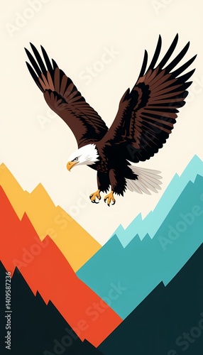 Bald eagle soaring above colorful mountain landscape  