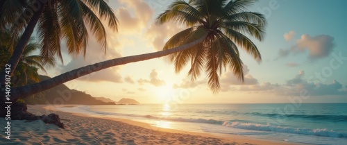 Fototapeta Naklejka Na Ścianę i Meble -  Tranquil tropical beach with palm trees leaning over the shore at sunset, golden light reflecting on the water and sand.