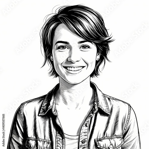 Young woman smiling with short hair in casual shirt on white background  