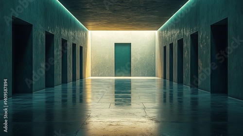 Dark hallway with multiple doors leading to a single, brightly lit door at the end