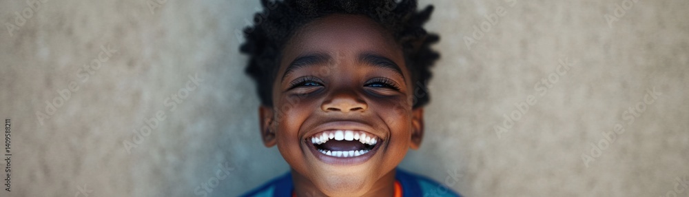 Joyful young boy with curly hair smiling brightly with happiness on a sunny day, showcasing pure innocence and joyful spirit in a vibrant outdoor setting