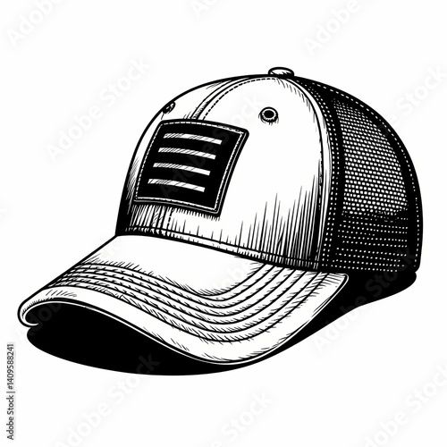 Baseball cap with flag design in black and white illustration  