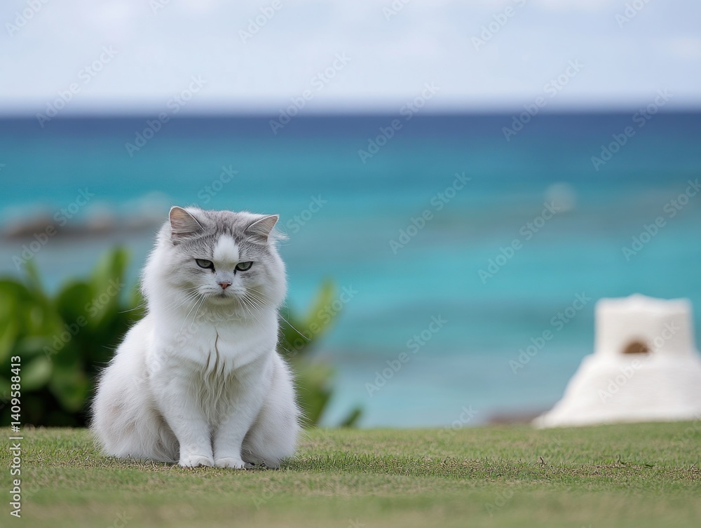 Majestic White Cat Sitting Calmly on Green Grass Overlooking Turquoise Ocean Waves Under a Bright Blue Sky in Serene Coastal Landscape