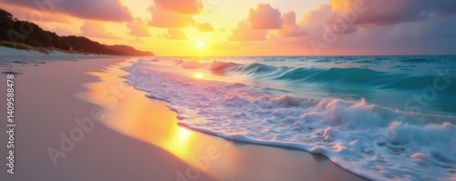 Soft ocean waves on white sandy beach at sunrise, ocean, calm, gradient