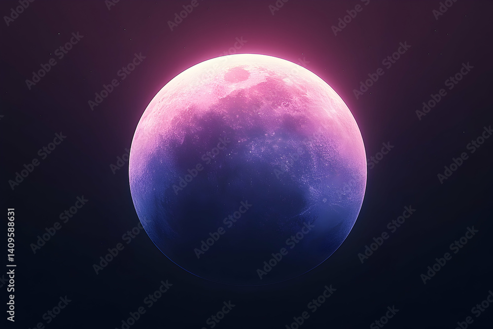 Obraz premium Pink hue illuminates a full moon in the night sky.