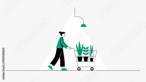 Person shopping for plants in a garden center with cart  