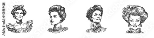 Vintage Victorian Women Portraits Illustration Set In Hand Drawn Sketch Style. Elegance And Historical Fashion Depicted In Detailed Art. Isolated Vector Illustration