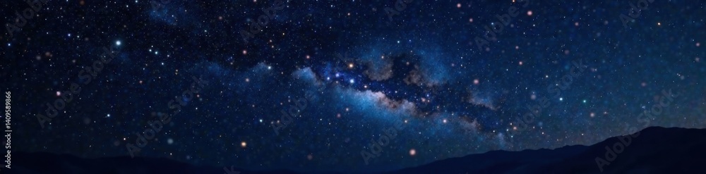Naklejka premium Sparkling stars against a velvety black background of night sky with planets and constellations visible in the distance, stardust, astronomy