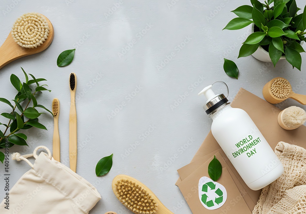 Eco friendly items are arranged on a light surface to promote sustainability Eco friendly items are arranged on a light surface to promote sustainability