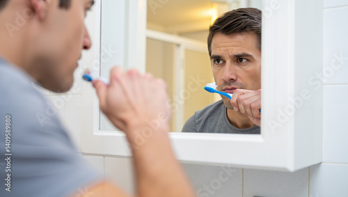 Man brushing teeth in bathroom mirror reflection