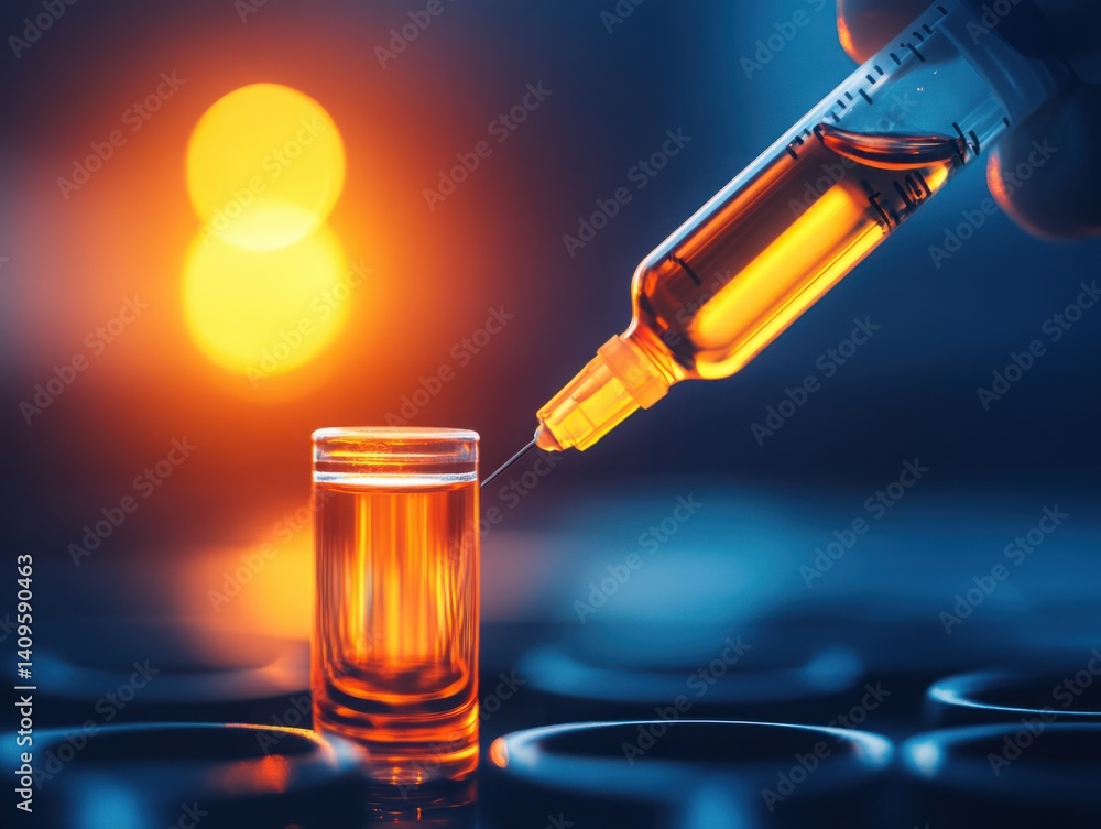 Close-Up of a Syringe Injecting a Bright Orange Liquid into an Ampoule with a Soft Glowing Background in a Laboratory Setting