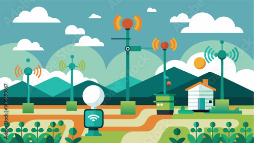 Automated weather stations installed in the fields providing farmers with realtime weather and climate data for more precise crop management.. Vector illustration