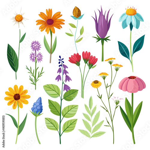 Assorted Wildflower Vector Illustration Set for Graphic Design