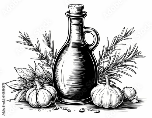 Olive oil bottle surrounded by garlic, herbs, and pumpkins  