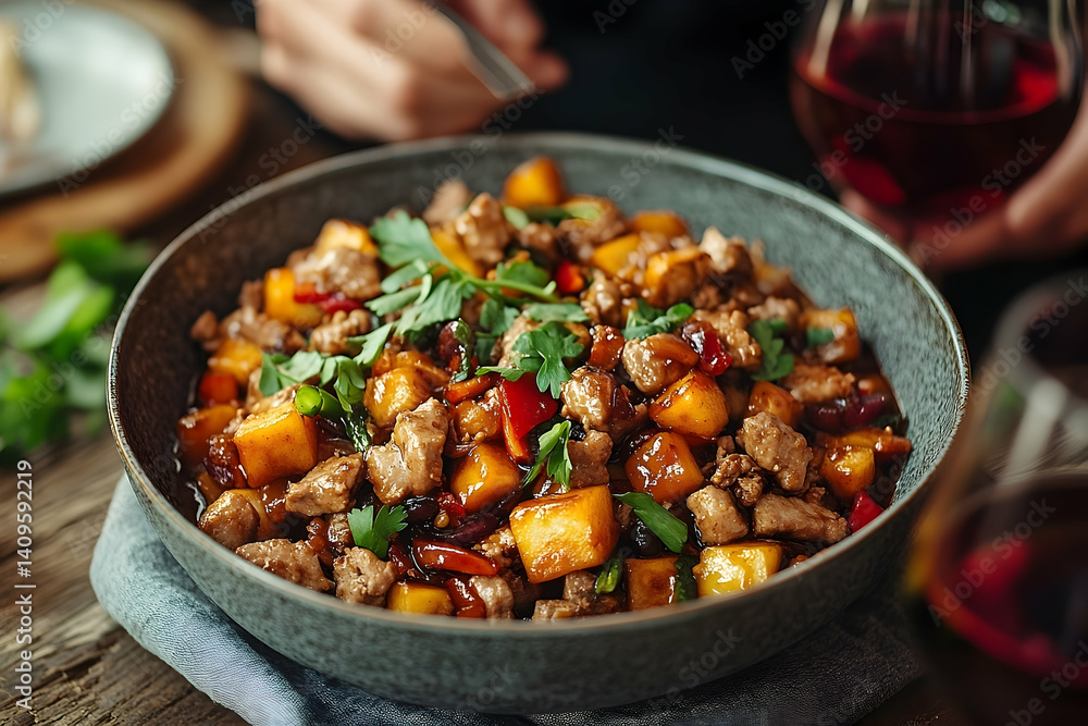 Delicious pork and pineapple stir-fry in a dark bowl. Delicious pork and pineapple stir-fry in a dark bowl.
