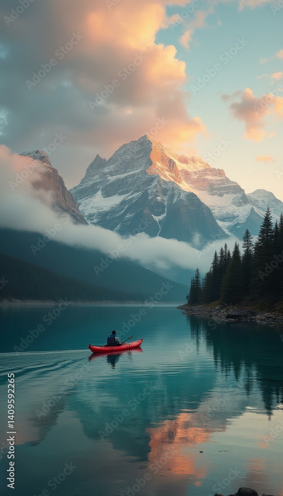 Kayaker on a calm lake surrounded by snow-capped mountains and coniferous trees, reflecting the tranquil scenery.