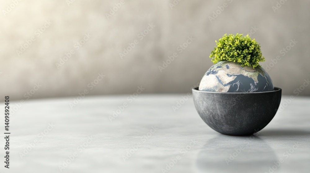 Sustainable Earth Model with Green Plant on Abstract Background in Modern Setting, Symbolizing Environmental Awareness and Eco-friendly Living Concepts