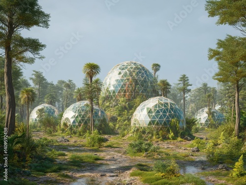 Futuristic eco-village featuring geodesic dome structures nestled amidst a lush, green forest, showcasing innovative sustainable architecture