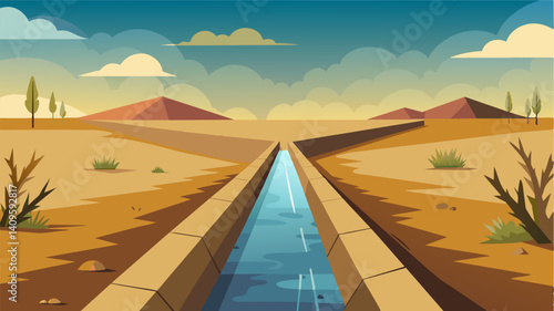 The abandoned and deserted irrigation ditch paints a bleak picture of the future for this rural community where farming has been a way of life for generations.. Vector illustration