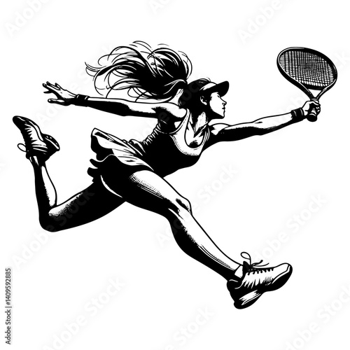 Female Tennis Player Desperately Stretching To reach The Ball, Black And White Tennis Silhouette