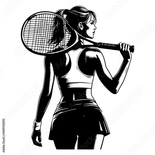 Female Tennis Player Walking Away, Black And White Tennis Silhouette