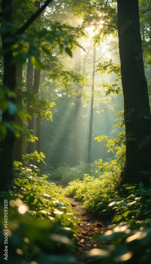 Obraz premium Sunlight Filtering Through a Lush Forest Path, Illuminating Green Foliage and Creating a Tranquil Scene