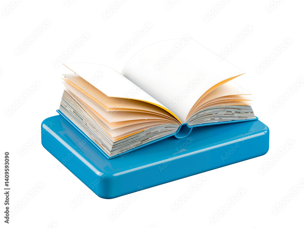 Detailed 3D open book on blue holder, representing study, knowledge or e-learning. Generative AI Detailed 3D open book on blue holder, representing study, knowledge or e-learning. Generative AI