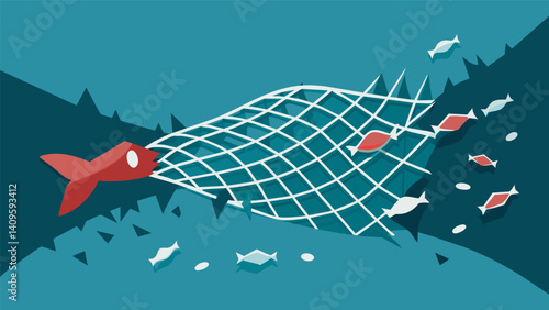 A torn net with bits of data escaping through the holes like fish.. Vector illustration